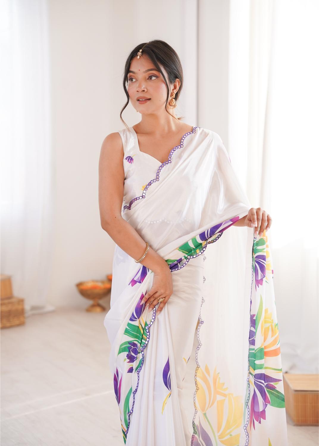 White Multi Chinon Digital Printed Mirror Cut Work Saree