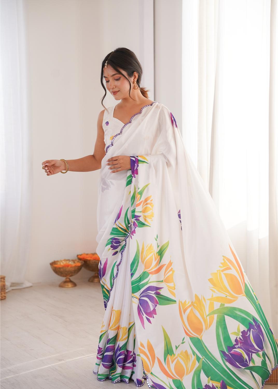 White Multi Chinon Digital Printed Mirror Cut Work Saree