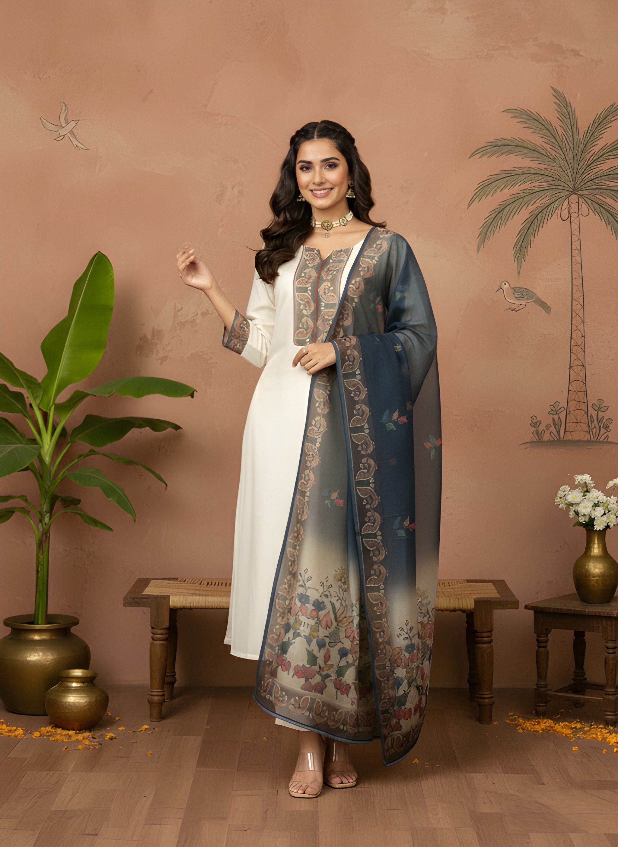 White Multi Color Printed Roman Silk Salwar Suit