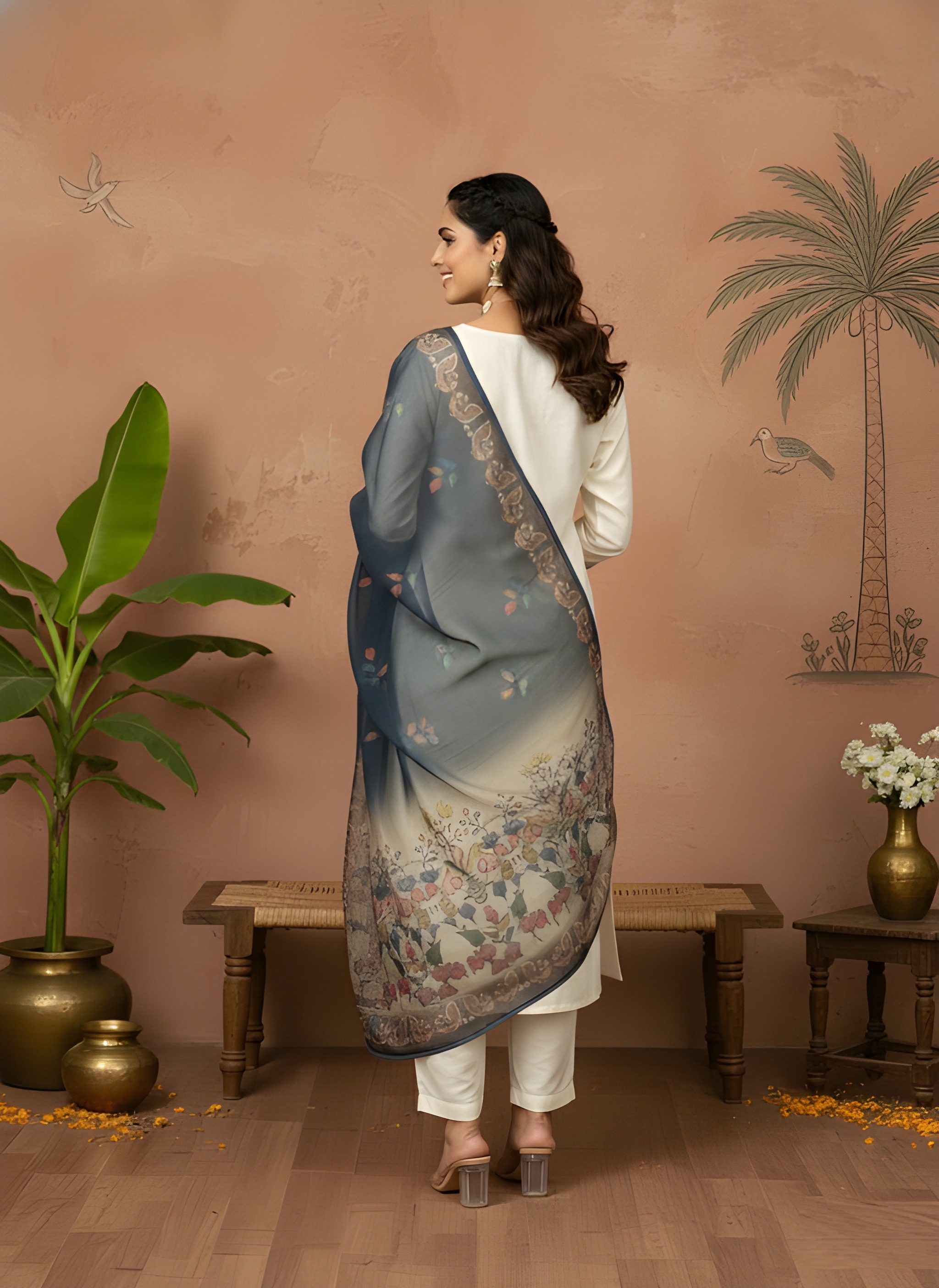 White Multi Color Printed Roman Silk Salwar Suit — alternate view