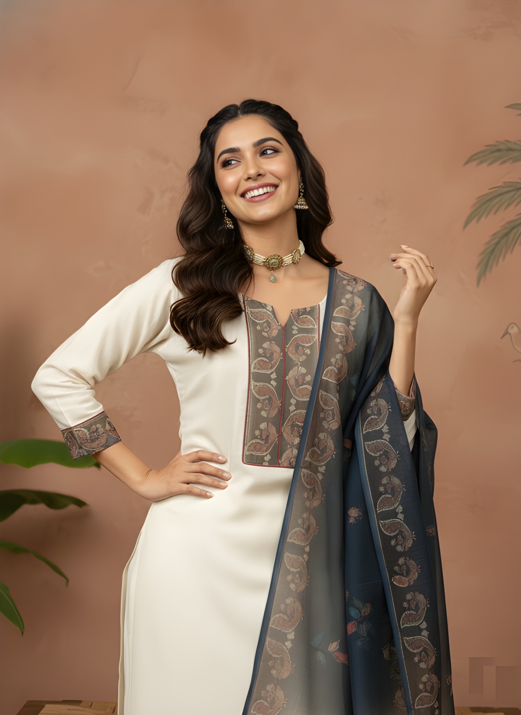 White Multi Color Printed Roman Silk Salwar Suit