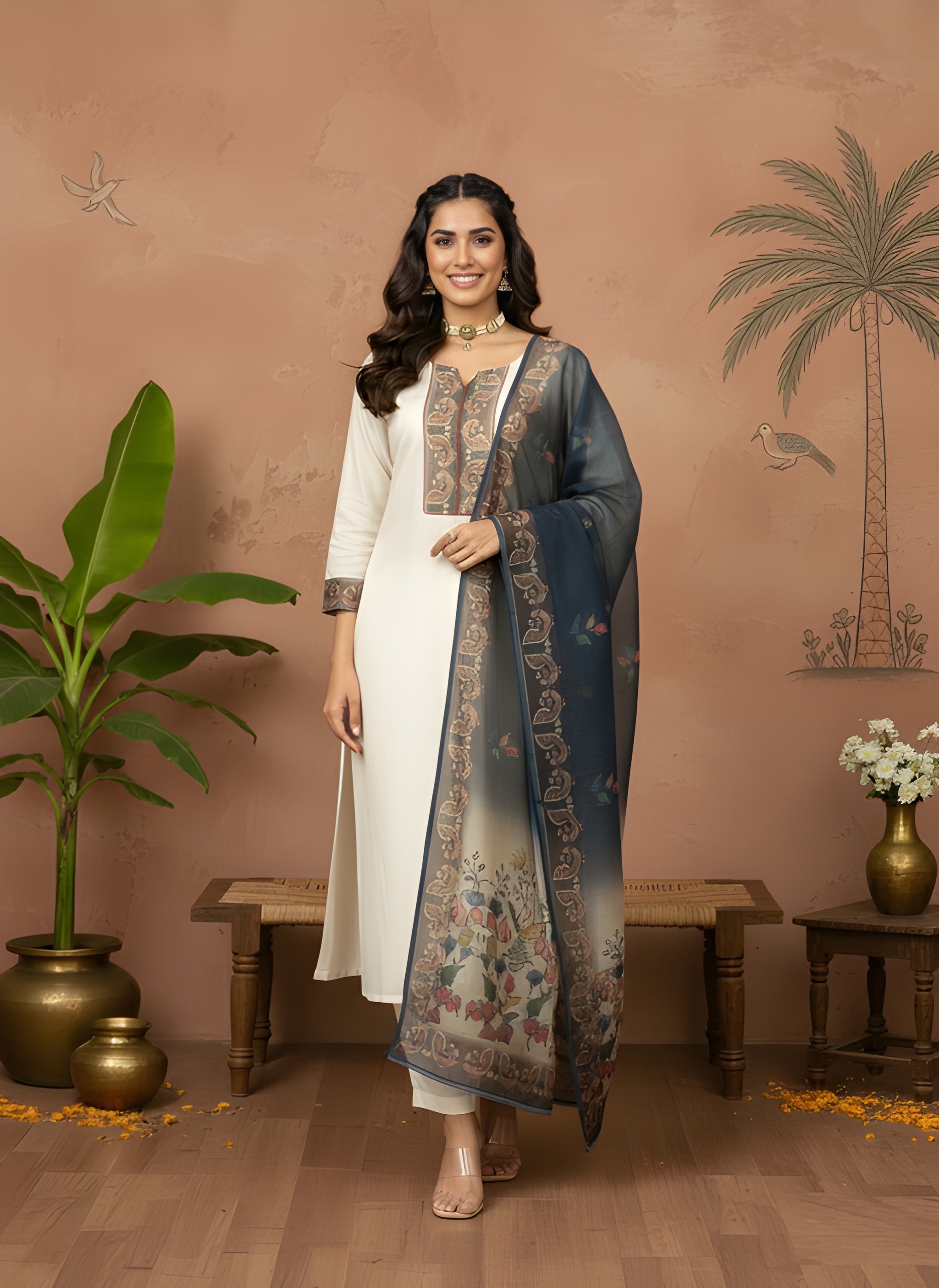 White Multi Color Printed Roman Silk Salwar Suit