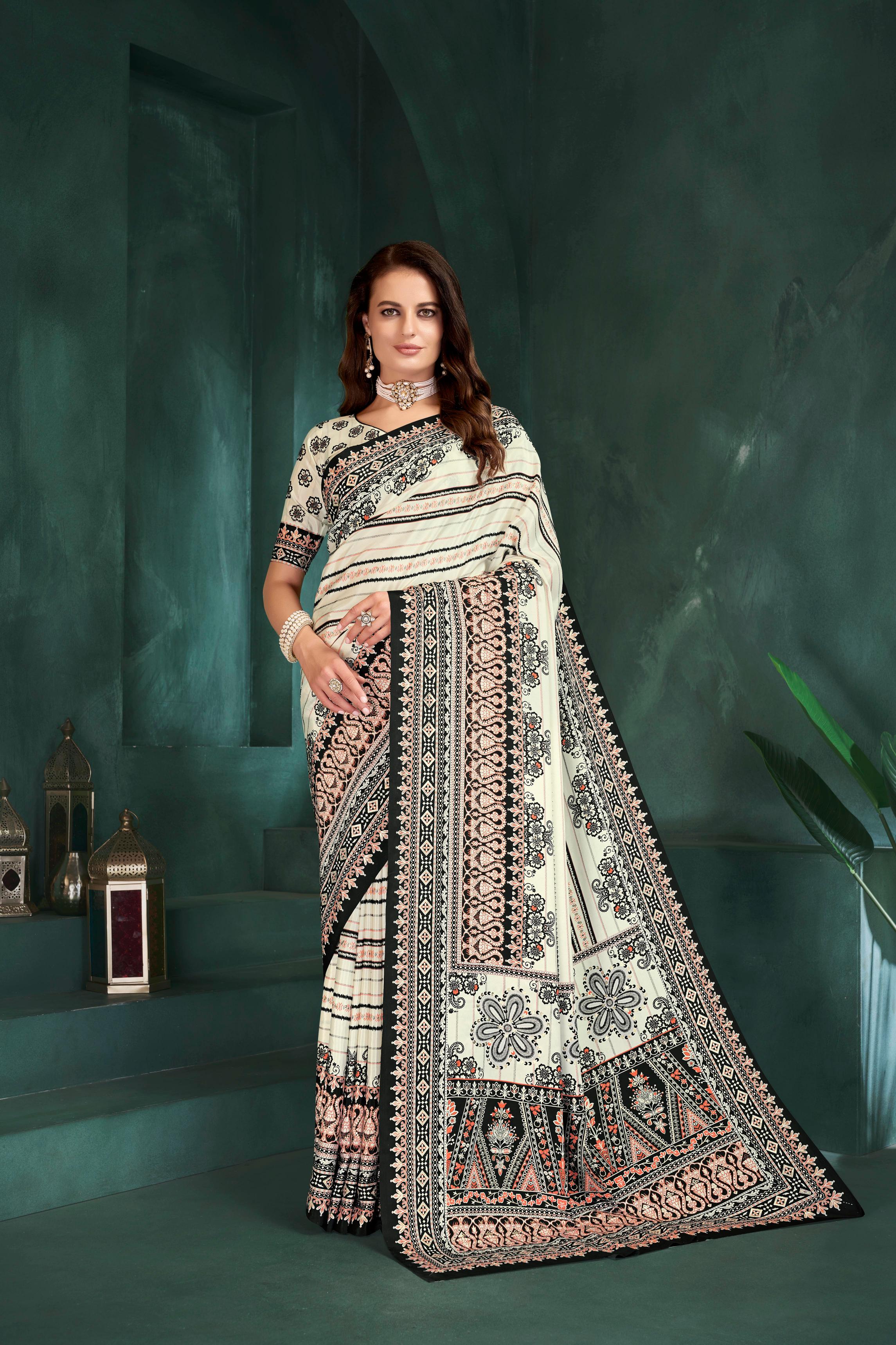 White Multi Digital Foil Printed Crepe Silk