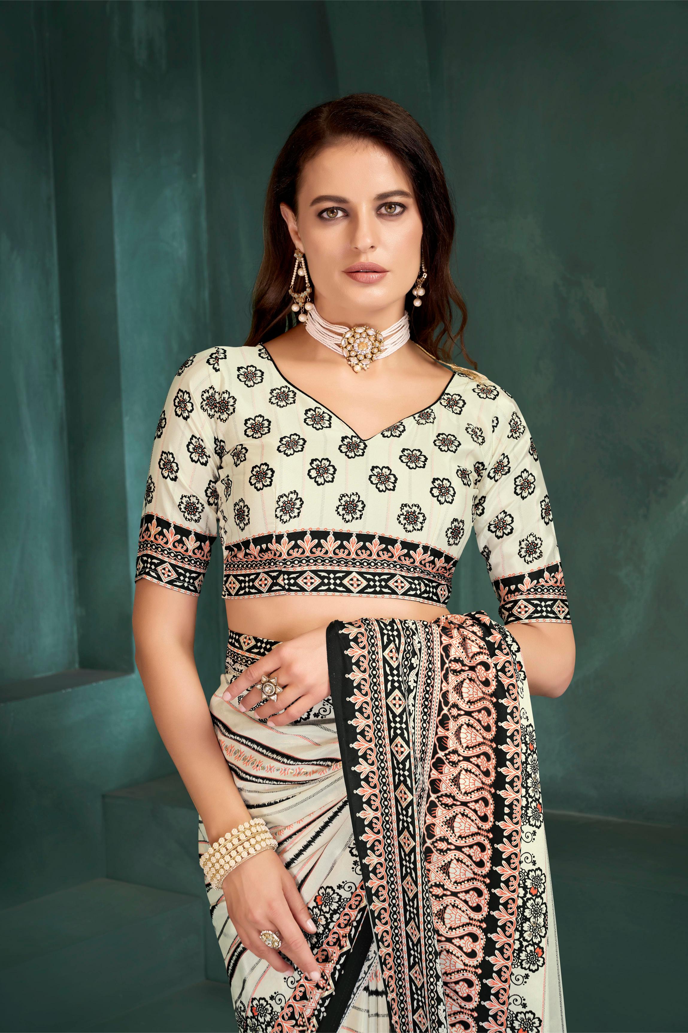 White Multi Digital Foil Printed Crepe Silk