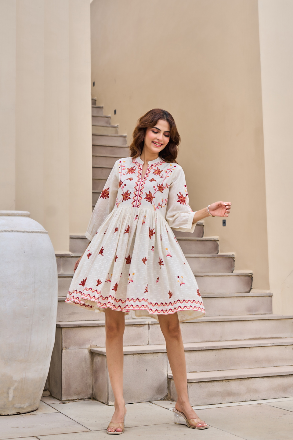 White Multicolor Botanical Embroidered Tunic
