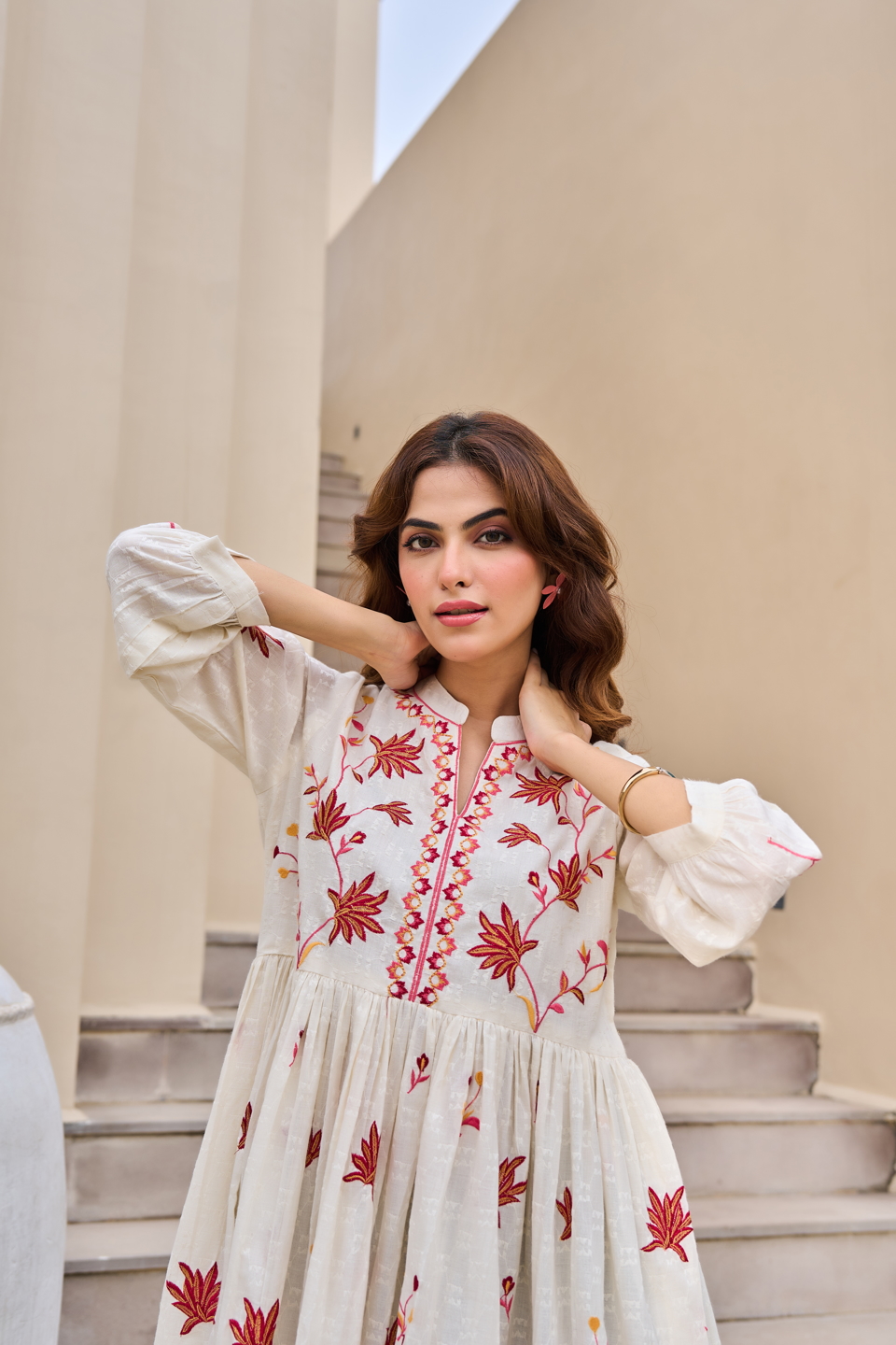 White Multicolor Botanical Embroidered Tunic
