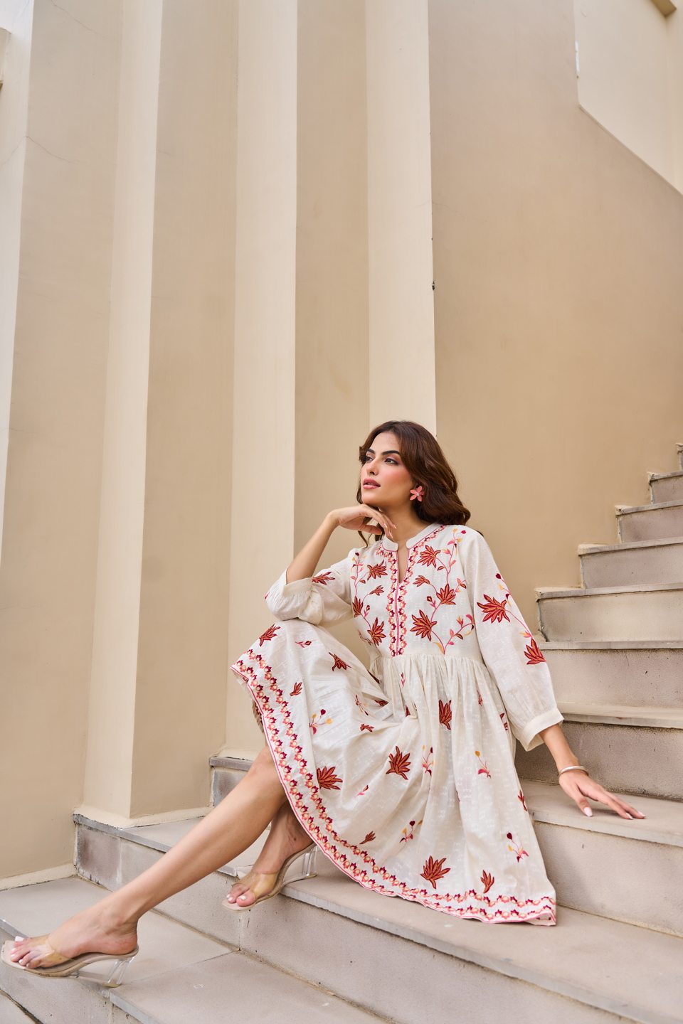 White Multicolor Botanical Embroidered Tunic