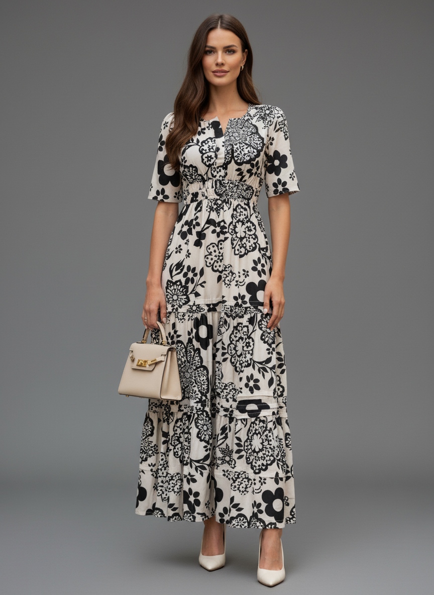 White N Black Floral Printed Muslin Contemporary Dress