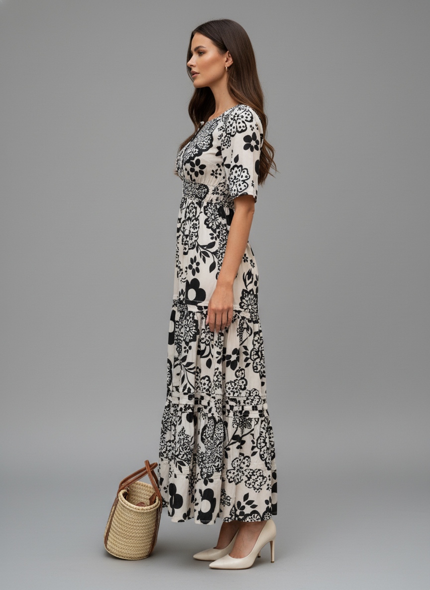 White N Black Floral Printed Muslin Contemporary Dress