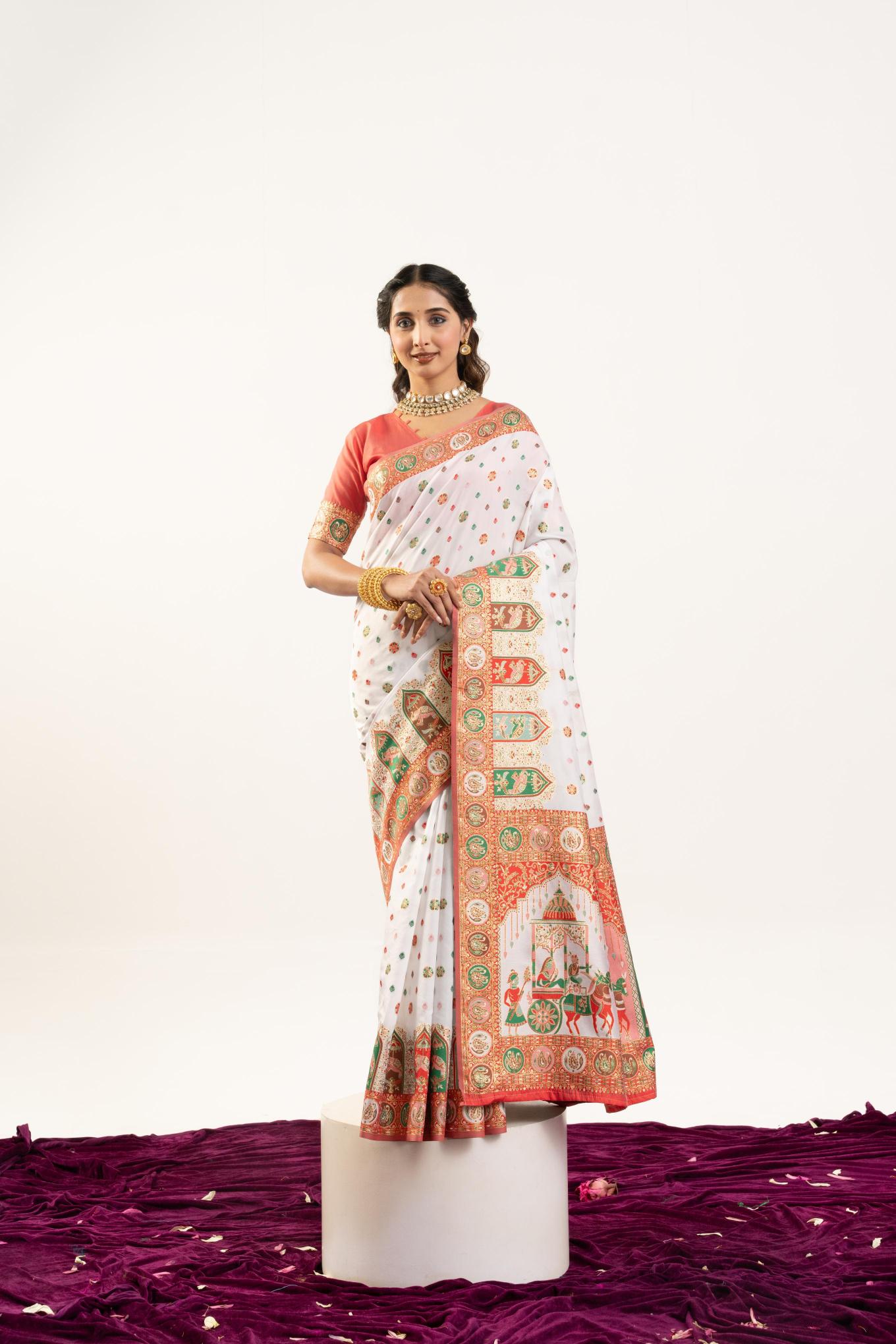 White N Red Banarasi Pashmina Silk Saree