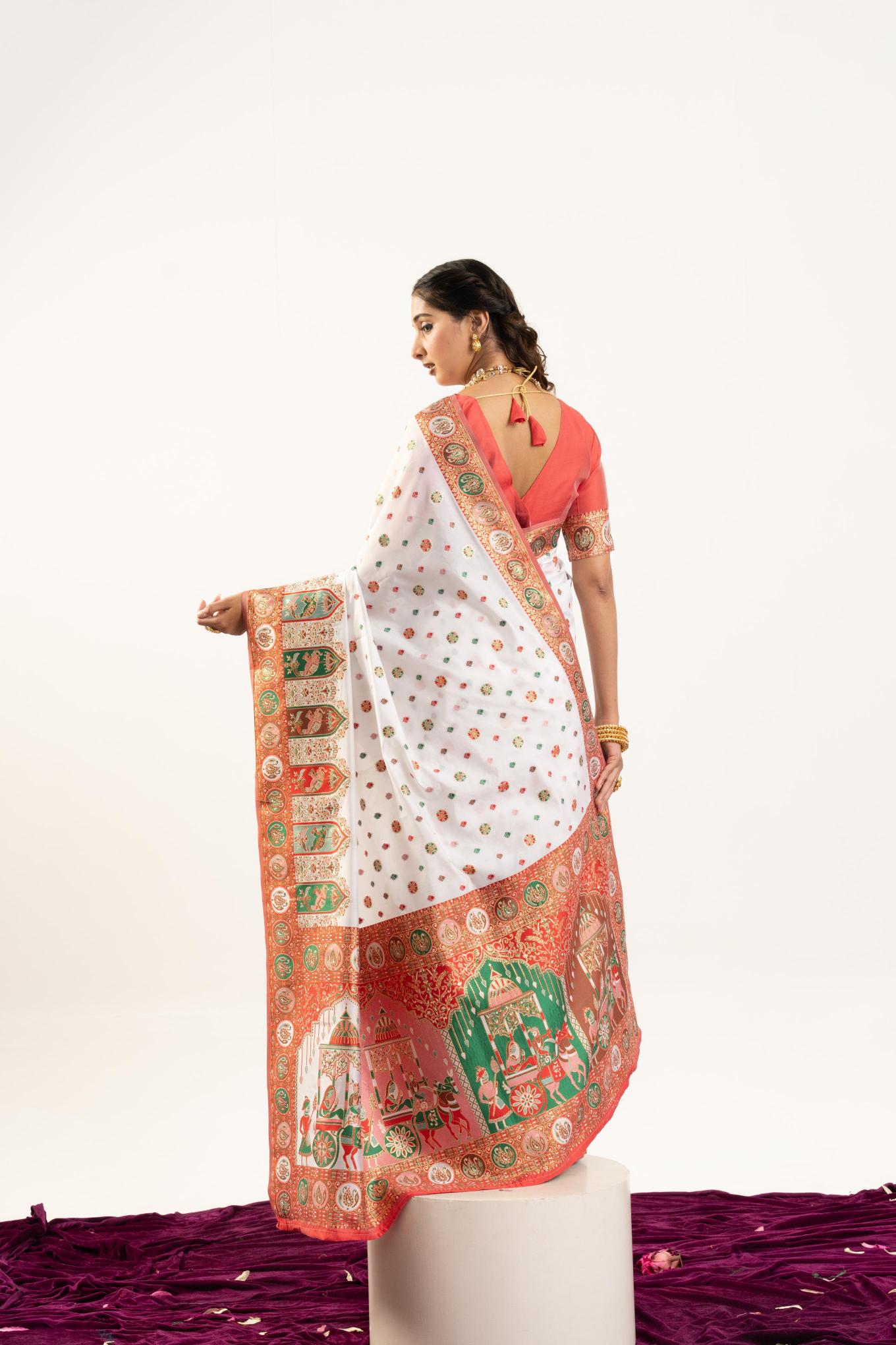 White N Red Banarasi Pashmina Silk Saree — alternate view