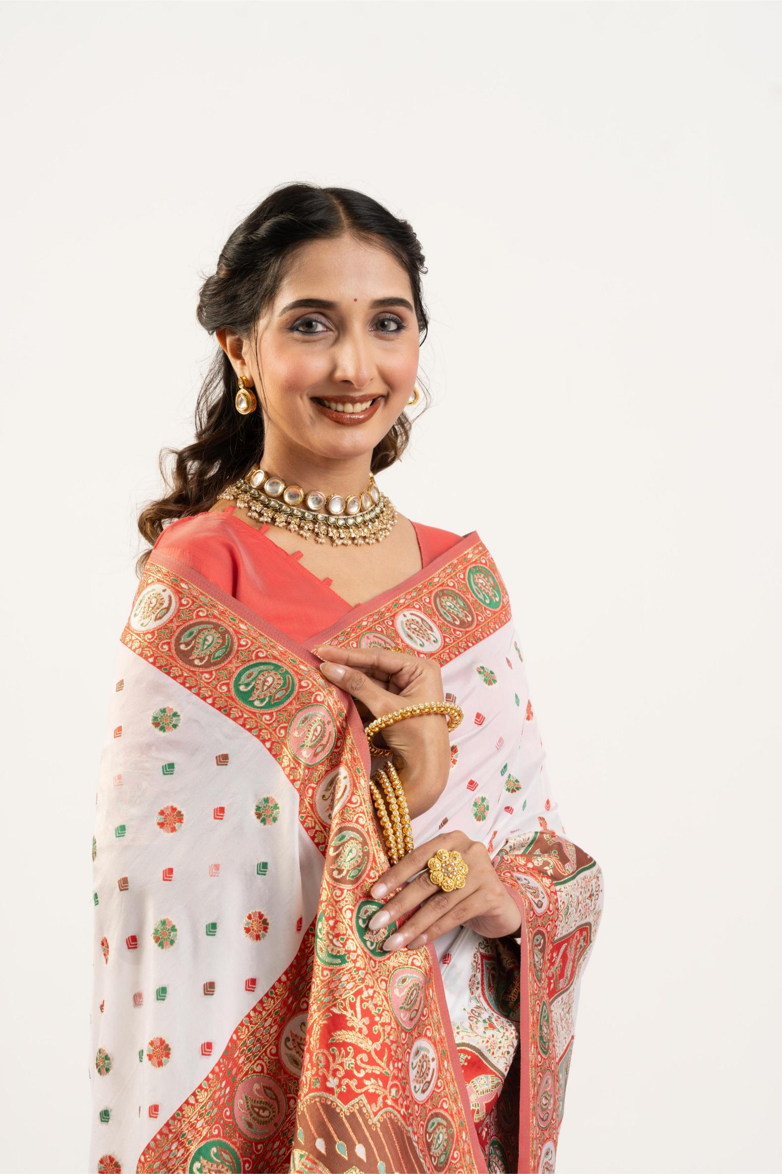 White N Red Banarasi Pashmina Silk Saree