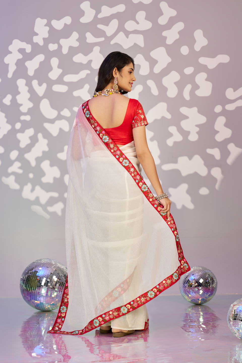 White N Red Shimmer Chiffon Ready-to-Wear Saree — alternate view