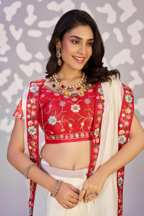 White N Red Shimmer Chiffon Ready-to-Wear Saree