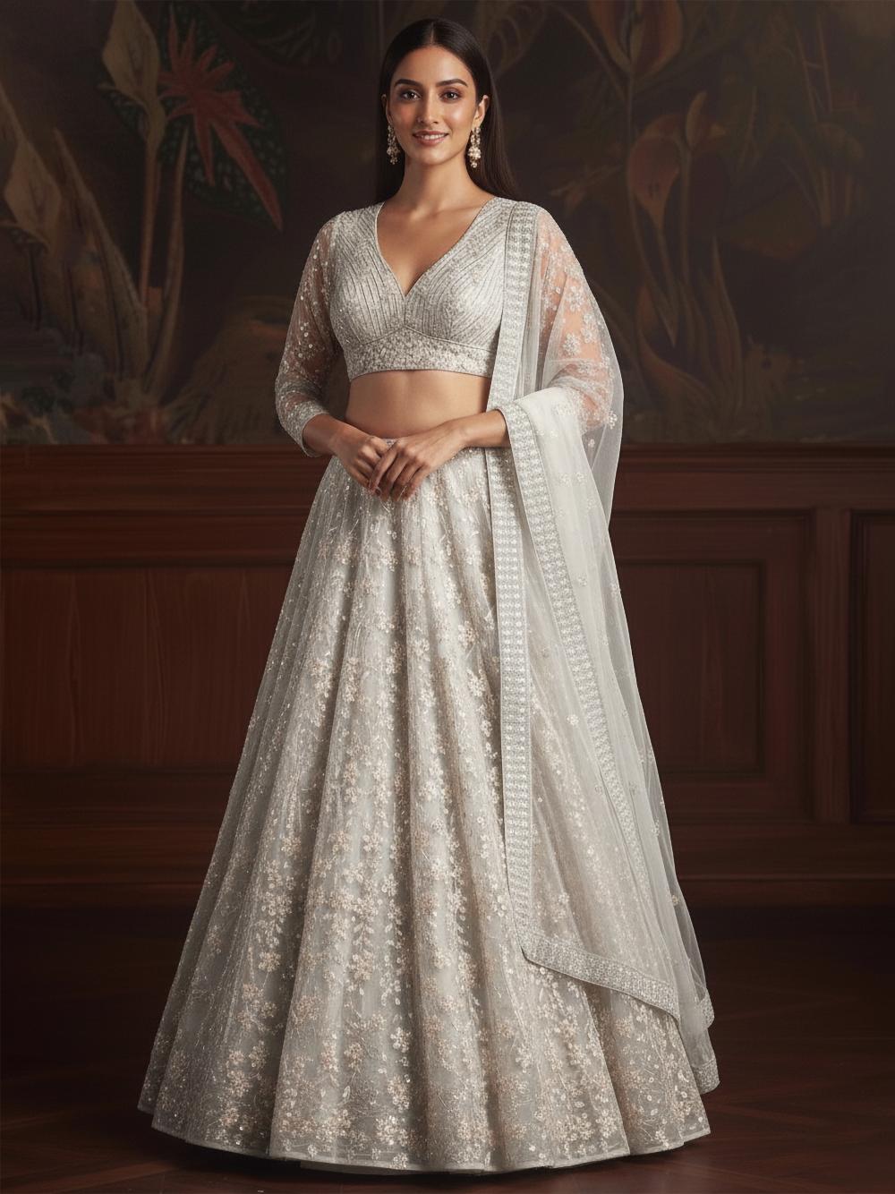 White Net Embroidered Lehenga Choli