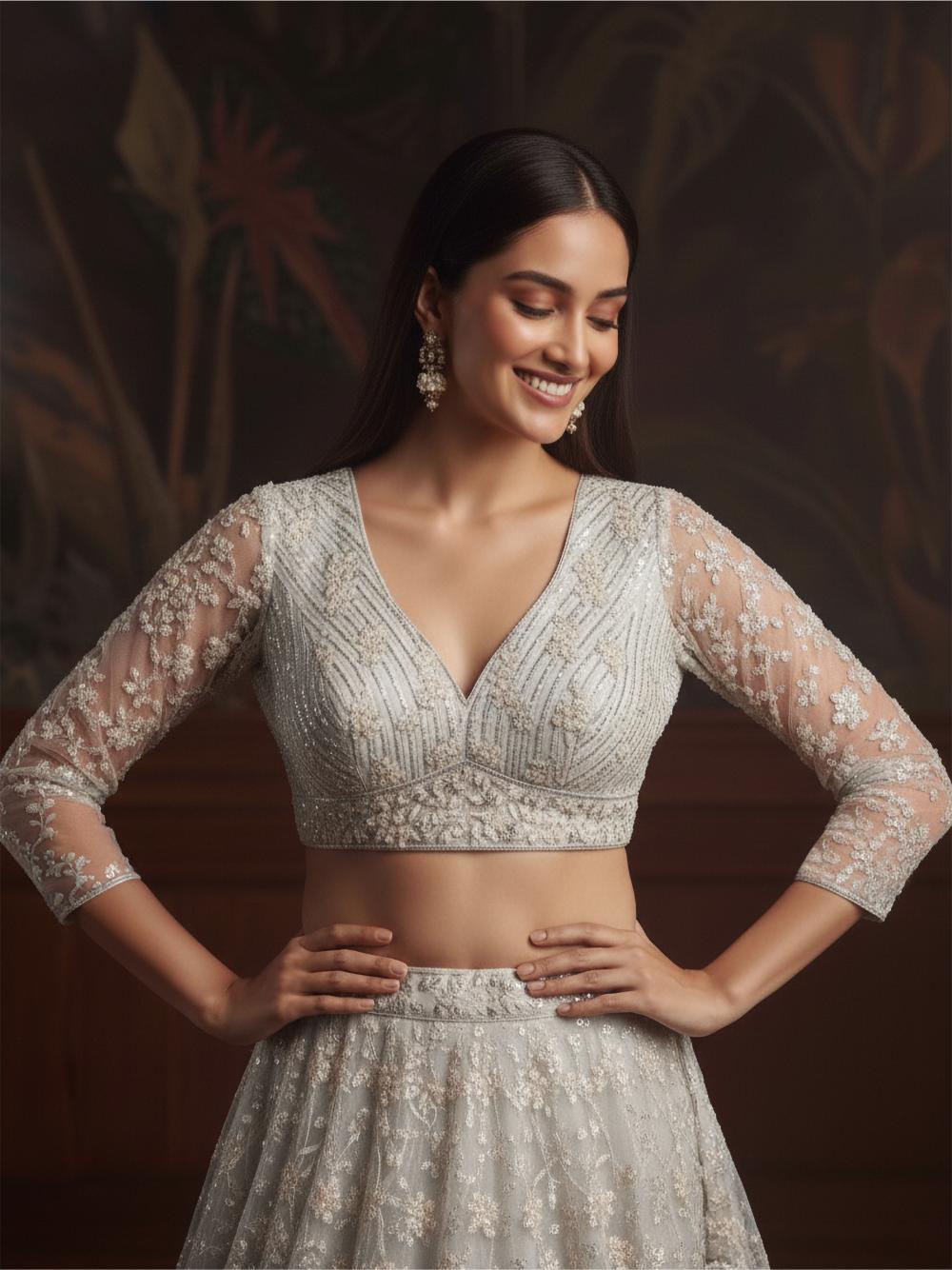 White Net Embroidered Lehenga Choli
