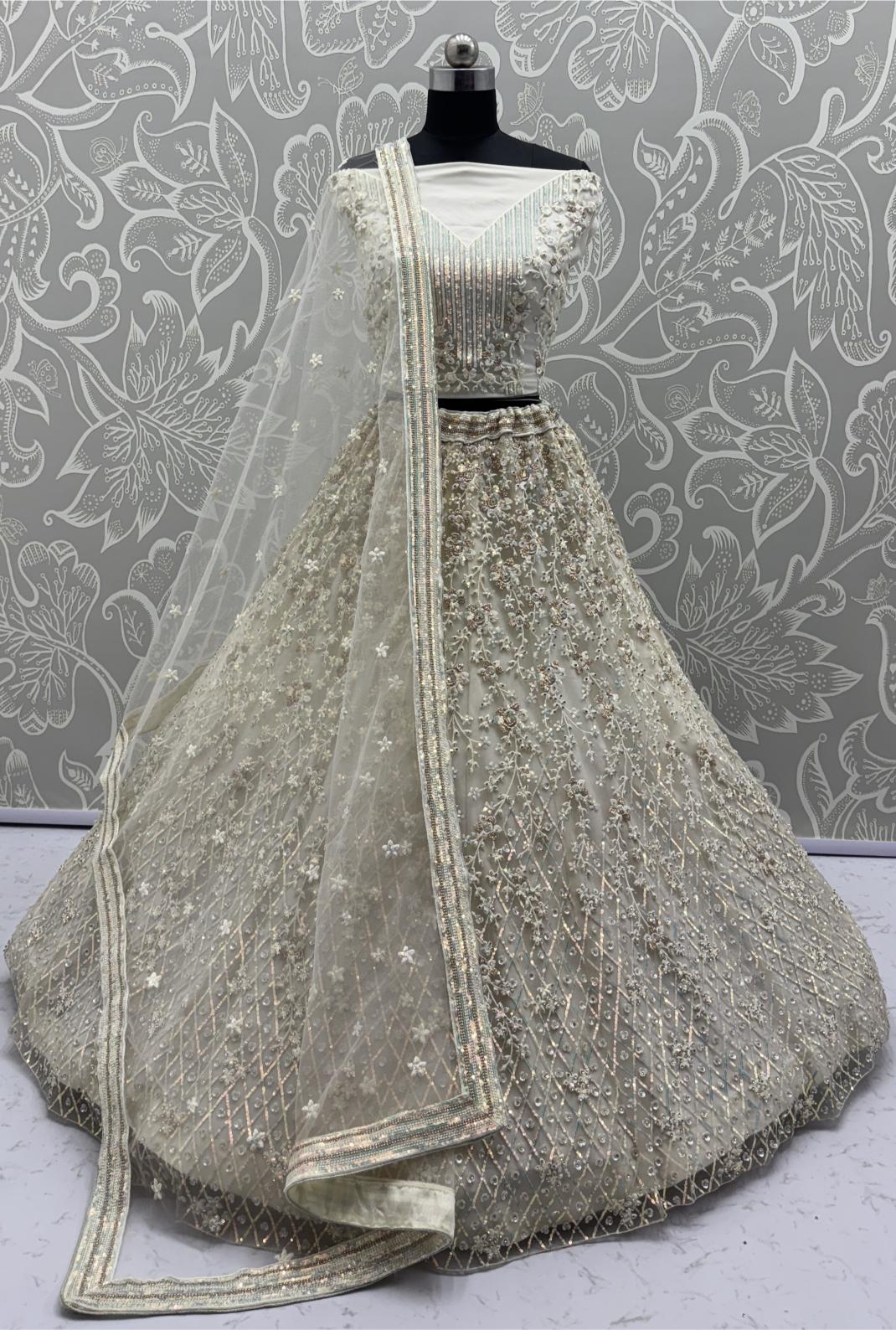 White Net Semi-Stitched Lehenga