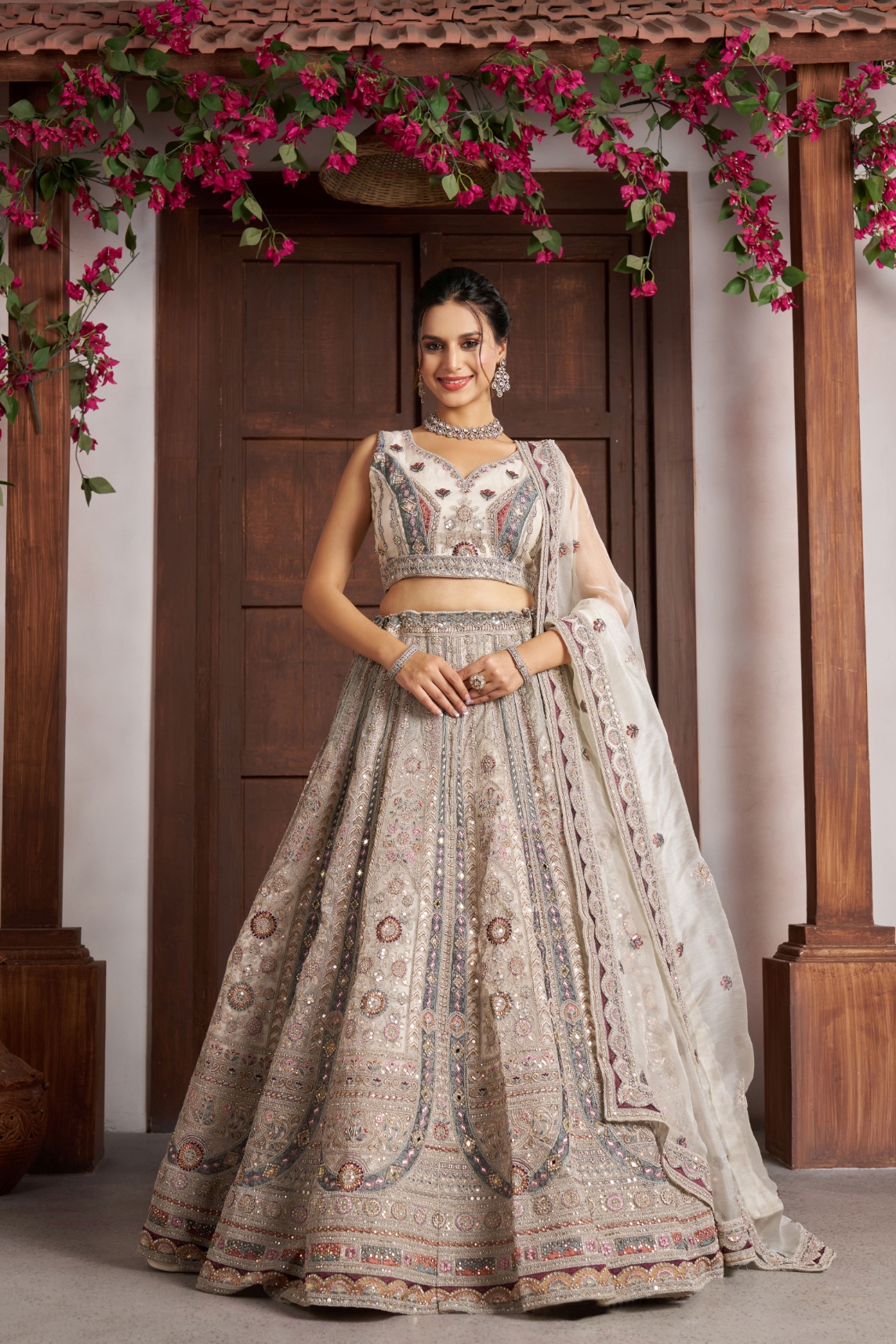 White Ornamental Handwork Net Bridal Lehenga Choli