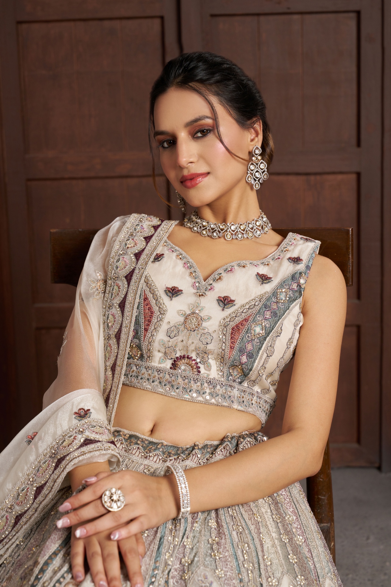 White Ornamental Handwork Net Bridal Lehenga Choli