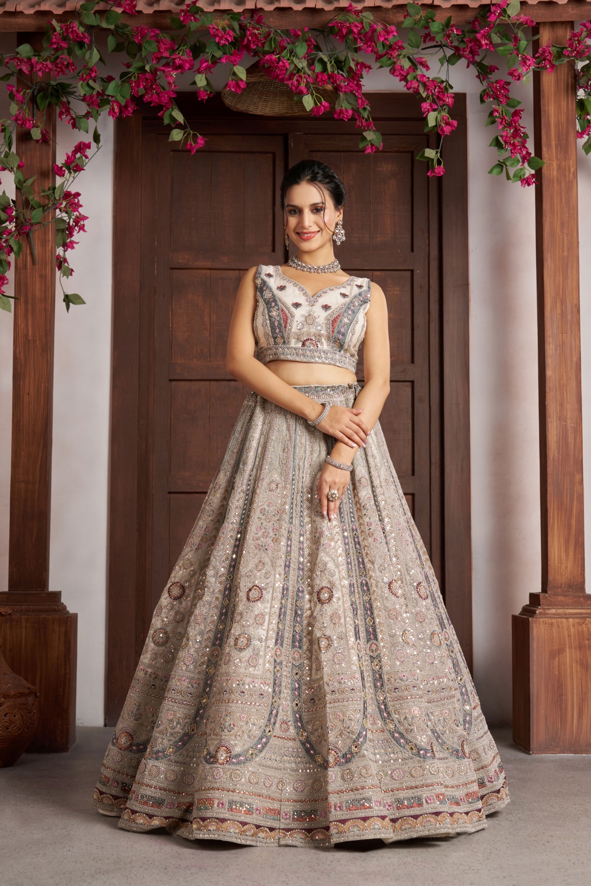 White Ornamental Handwork Net Bridal Lehenga Choli