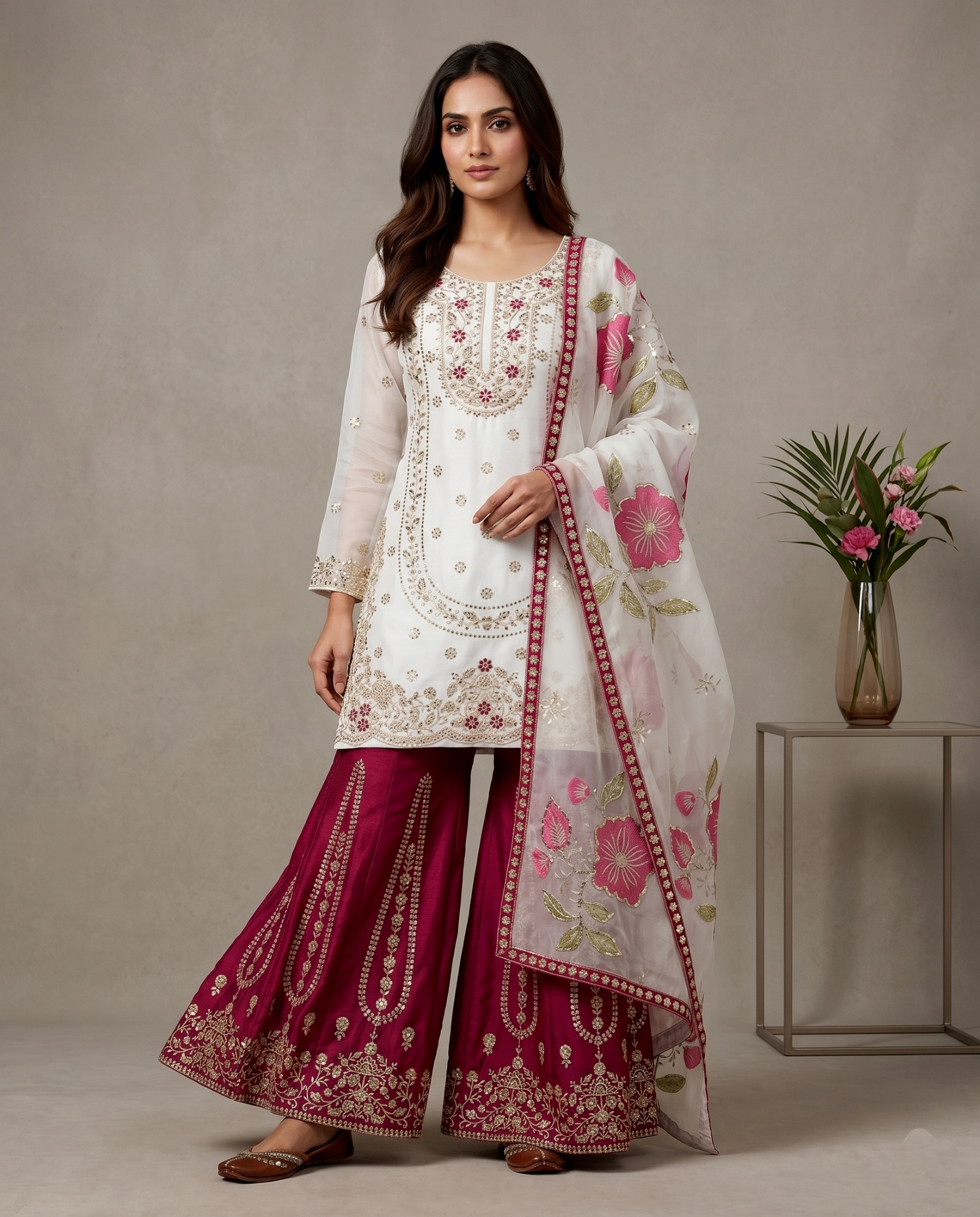 White Paisley Pure Gmy Silk Sharara Suit