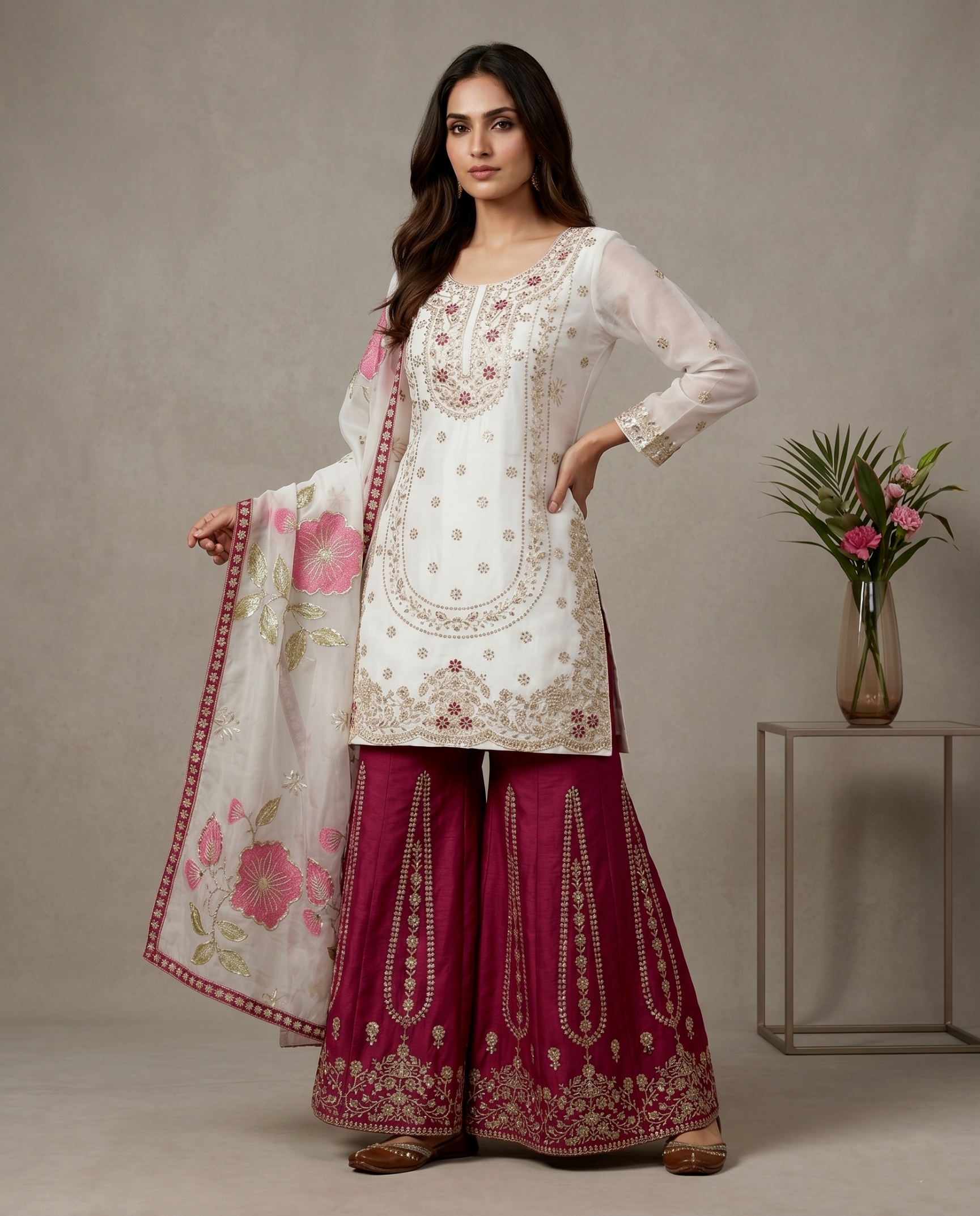 White Paisley Pure Gmy Silk Sharara Suit — alternate view