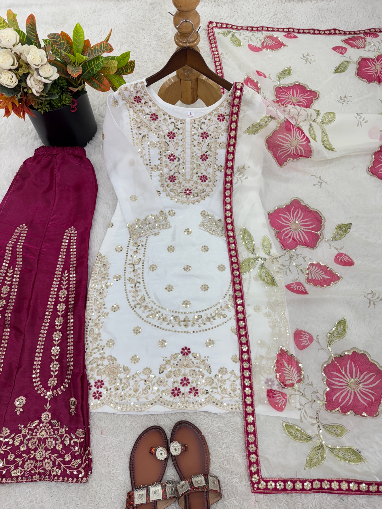 White Paisley Pure Gmy Silk Sharara Suit