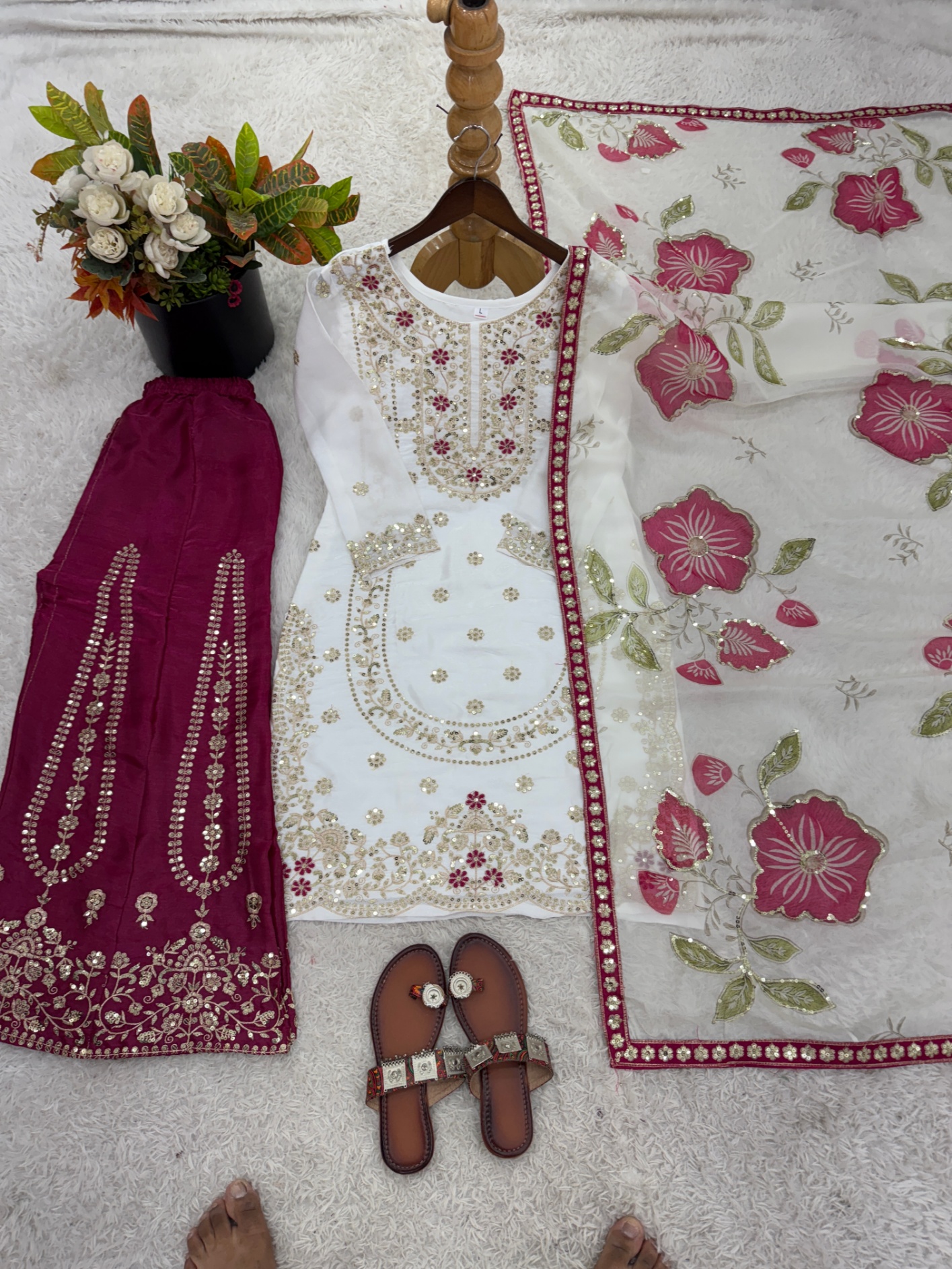 White Paisley Pure Gmy Silk Sharara Suit
