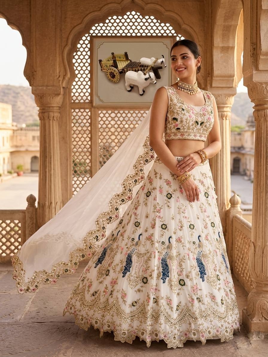 White Peacock Heritage Embroidered Fox Georgette Lehenga Choli