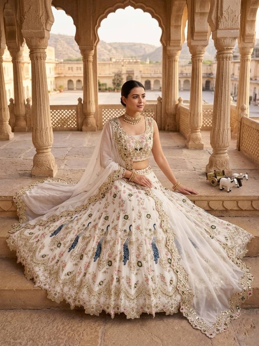 White Peacock Heritage Embroidered Fox Georgette Lehenga Choli