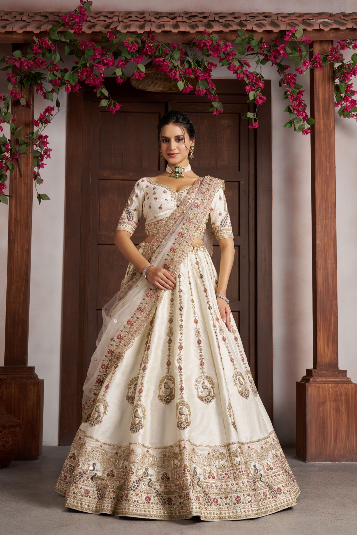 White Peacock Motif Handwork Silk Bridal Lehenga Choli