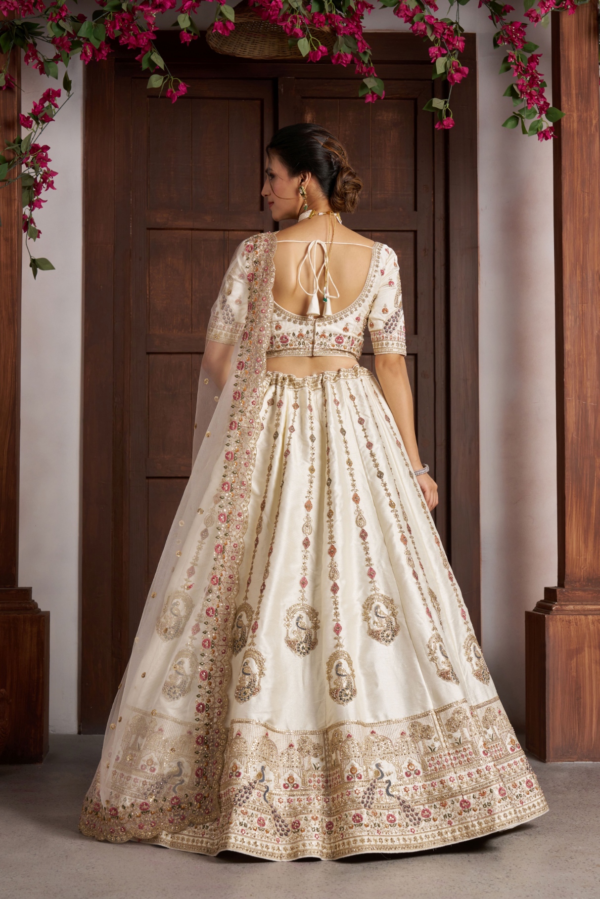 White Peacock Motif Handwork Silk Bridal Lehenga Choli — alternate view