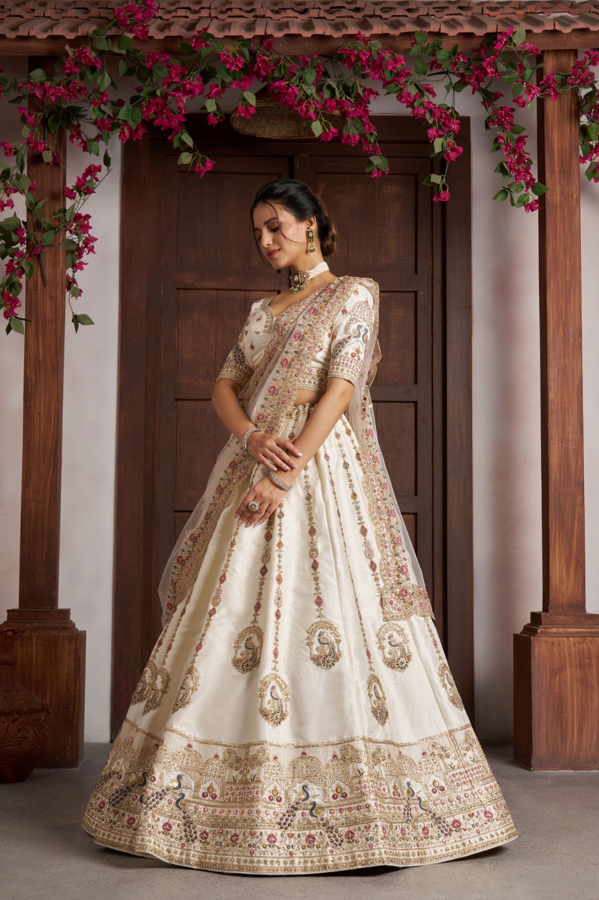 White Peacock Motif Handwork Silk Bridal Lehenga Choli