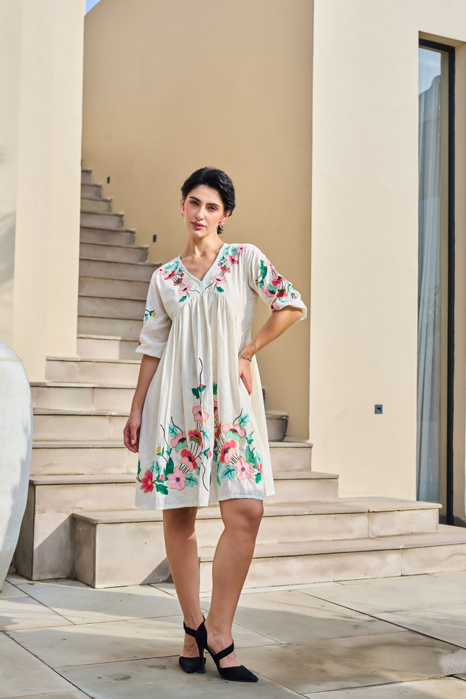 White Pink Floral Embroidered Tunic