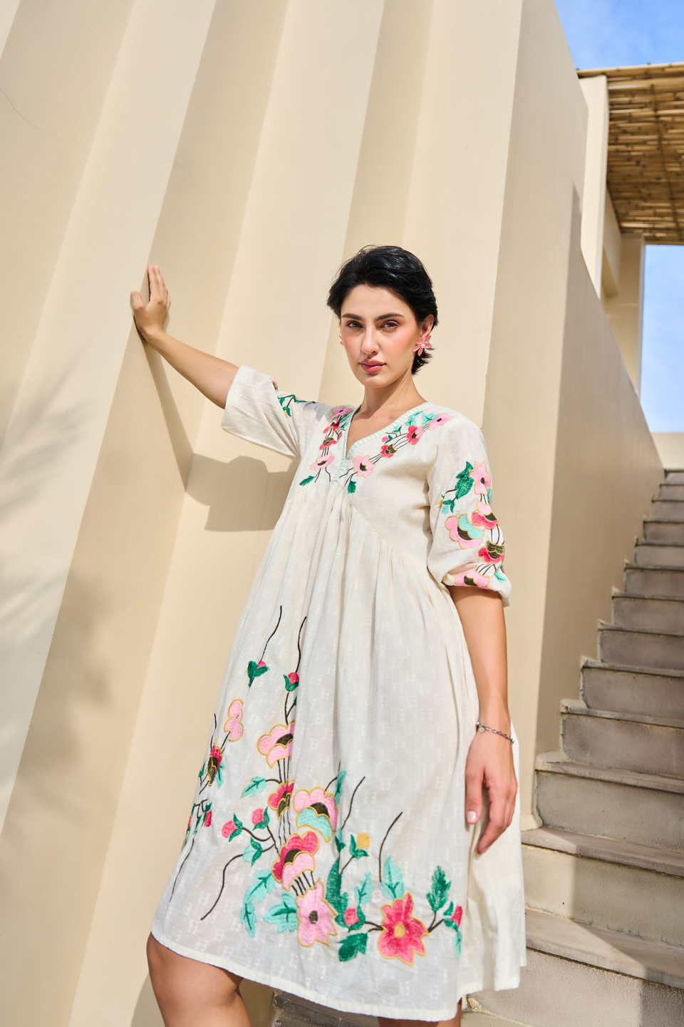 White Pink Floral Embroidered Tunic