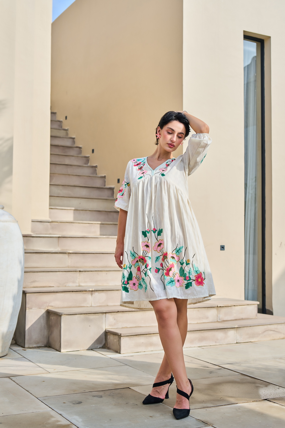 White Pink Floral Embroidered Tunic