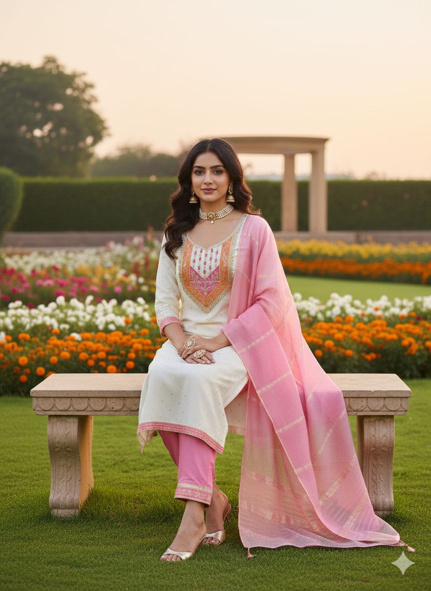 White Pink Modal Buti Embroidered Salwar Suit — alternate view