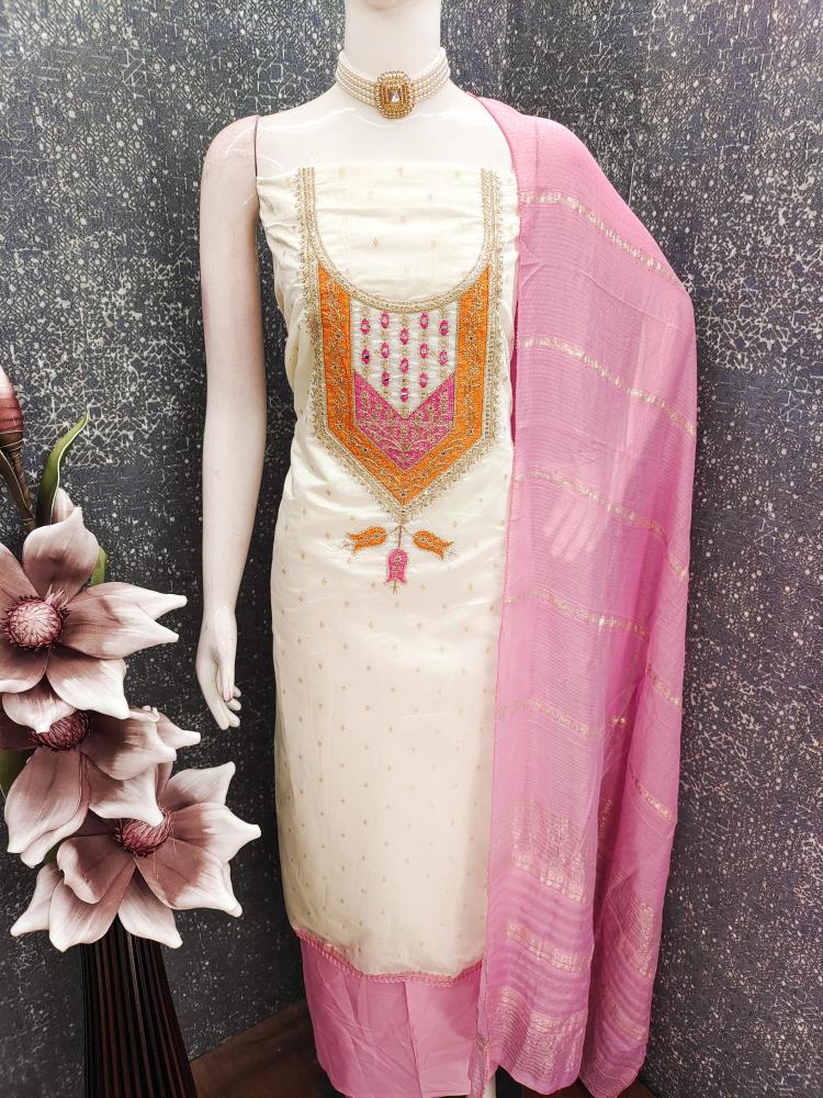 White Pink Modal Buti Embroidered Salwar Suit