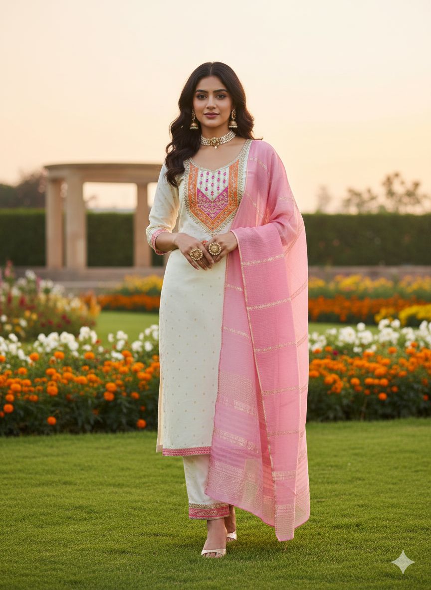 White Pink Modal Buti Embroidered Salwar Suit