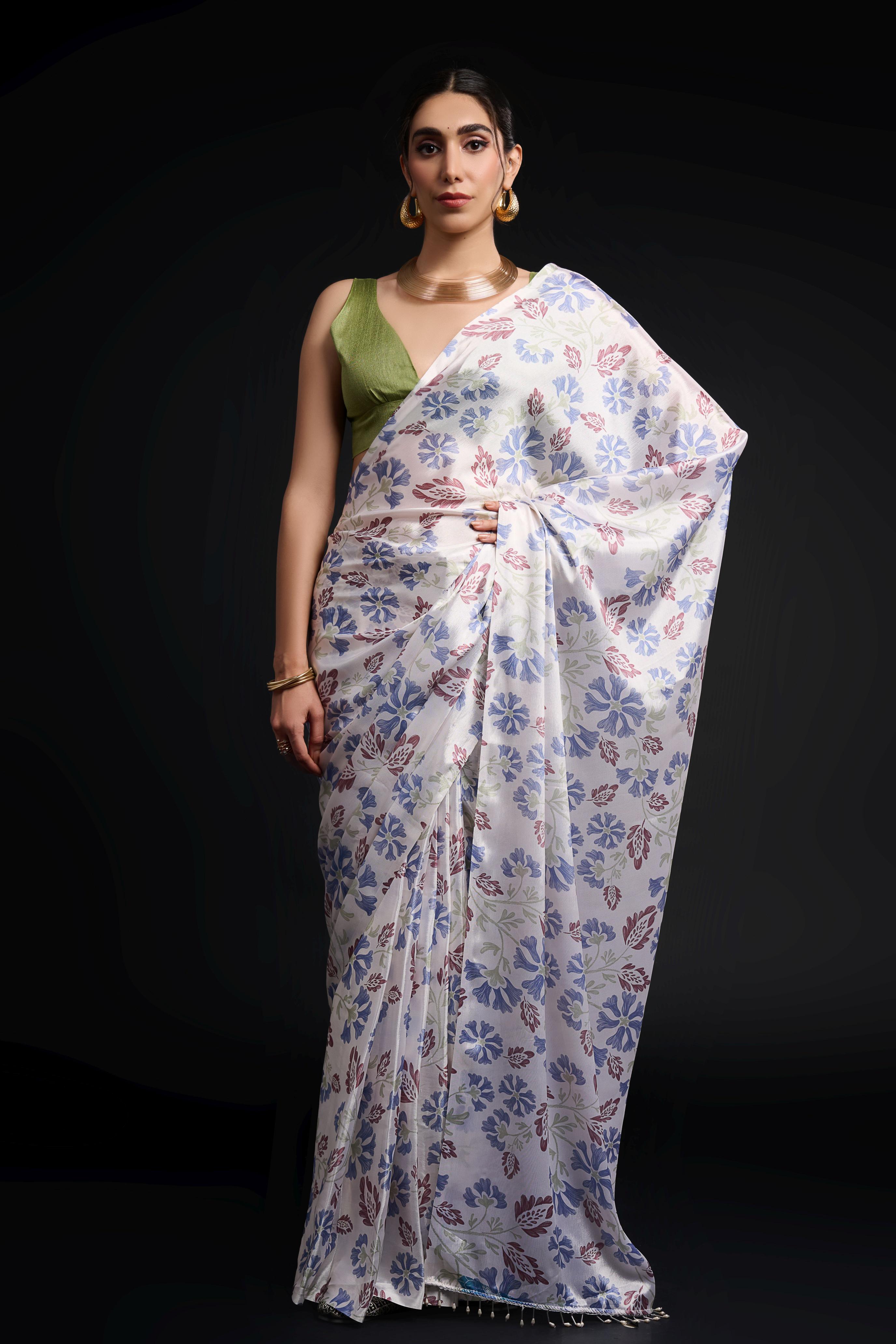 White Pista Printed Chinon Ready-to-Wear Saree