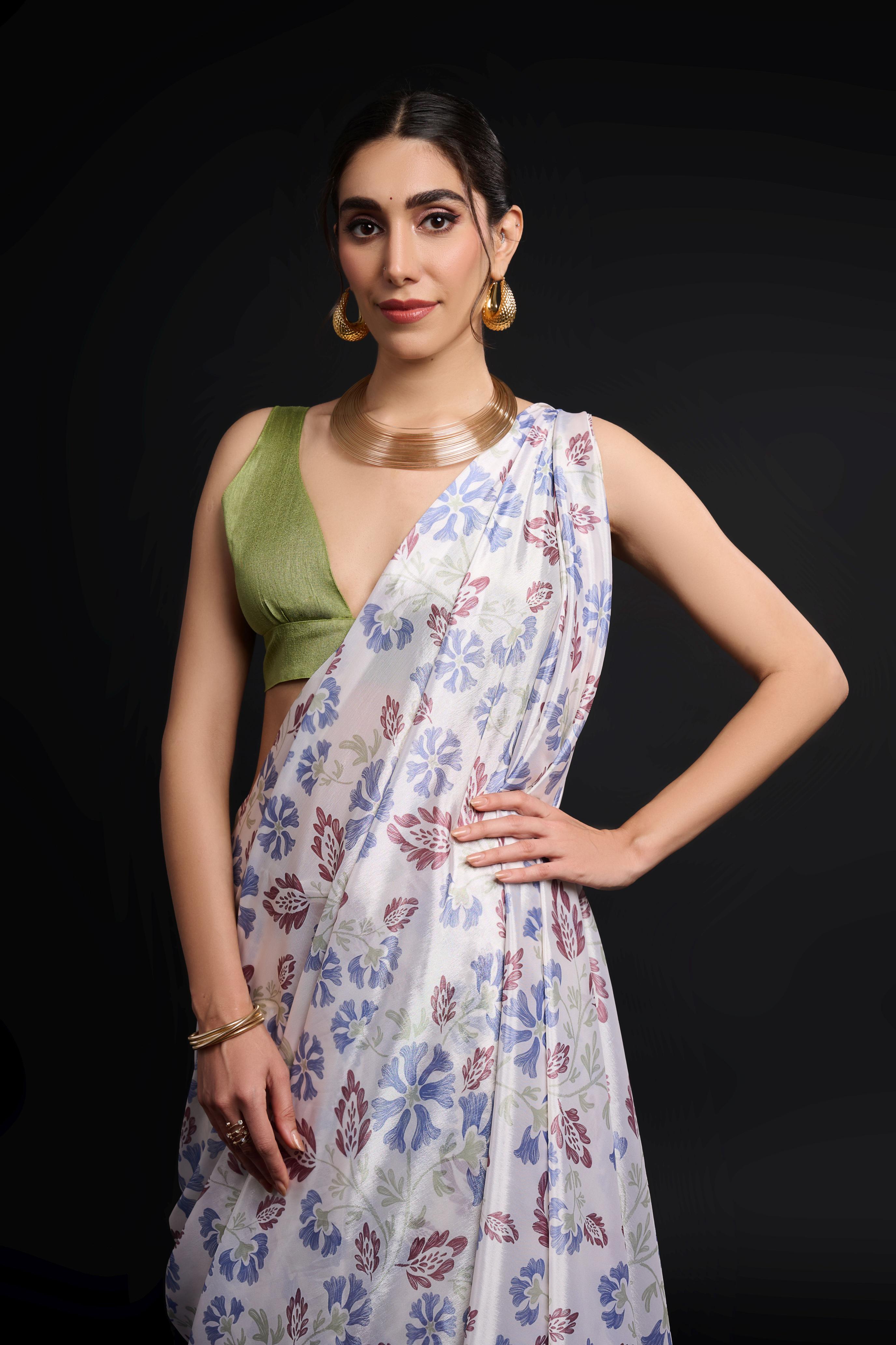 White Pista Printed Chinon Ready-to-Wear Saree — alternate view