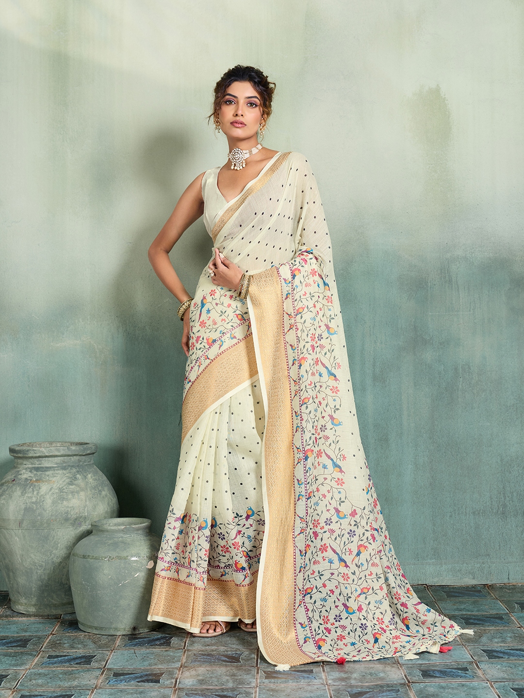 White Printed Jari Border Linen Saree