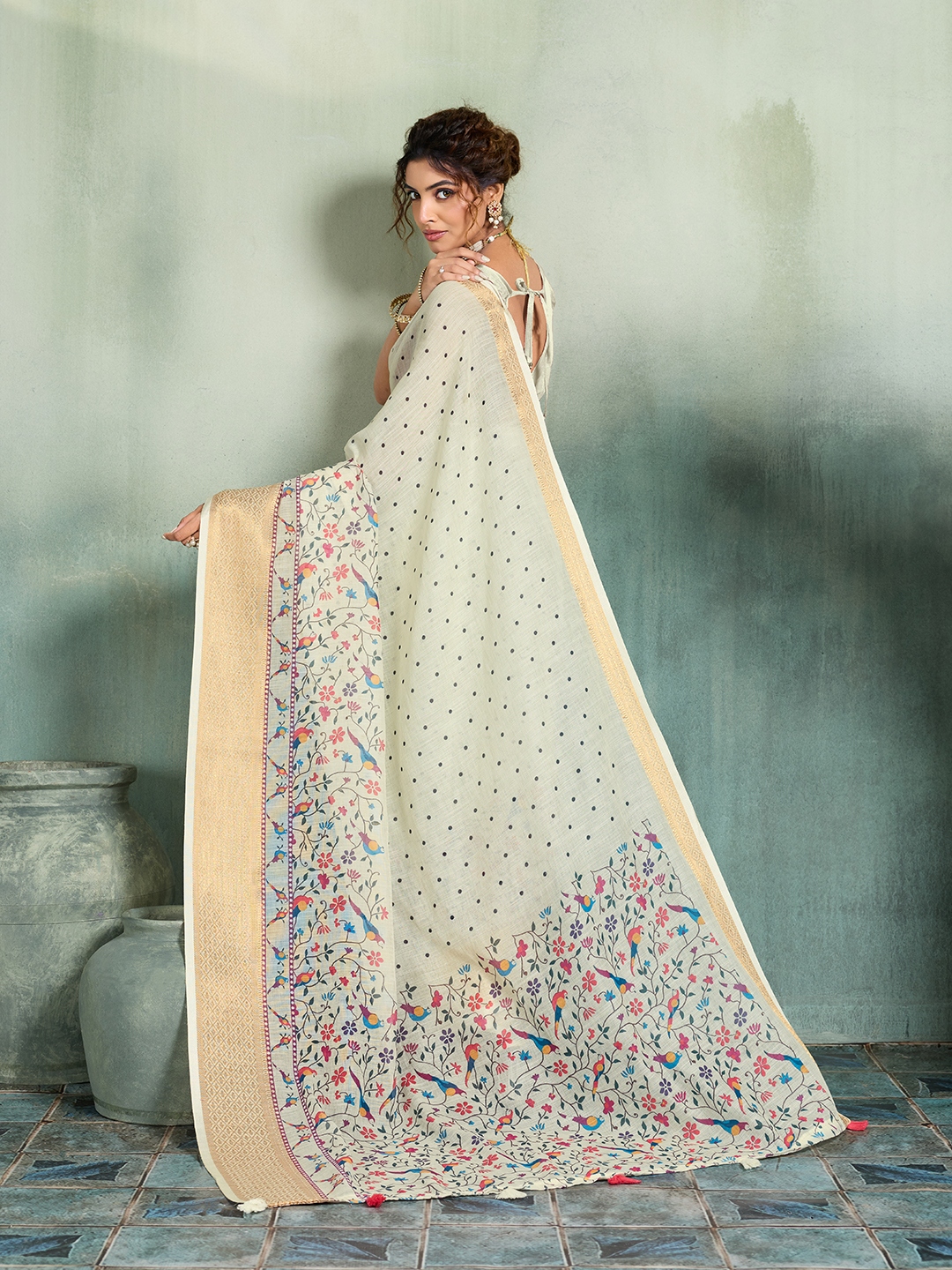 White Printed Jari Border Linen Saree — alternate view