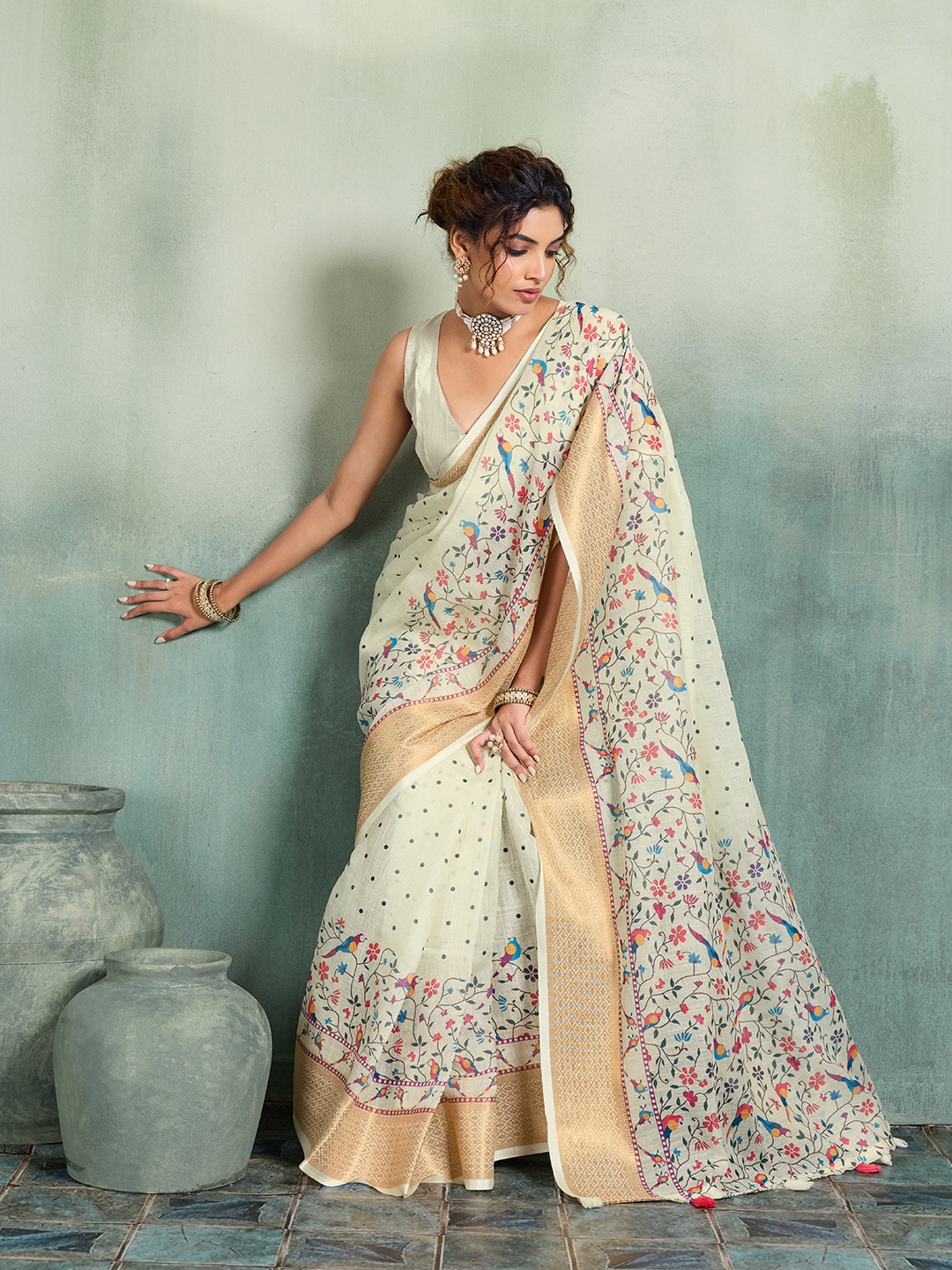 White Printed Jari Border Linen Saree