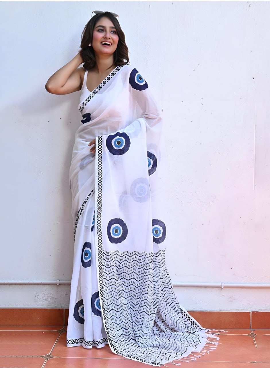 White Printed Linen Cotton Saree
