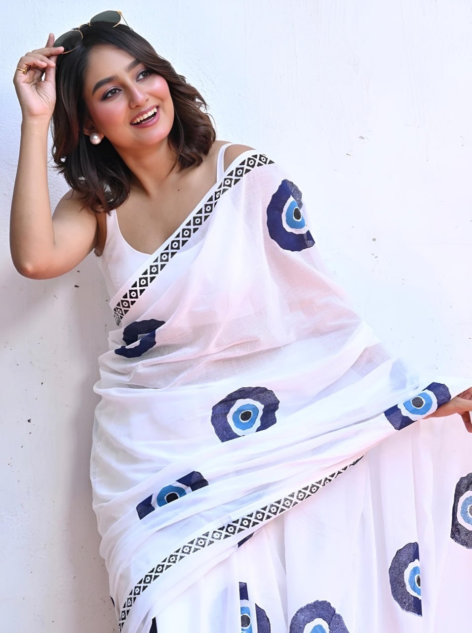 White Printed Linen Cotton Saree — alternate view