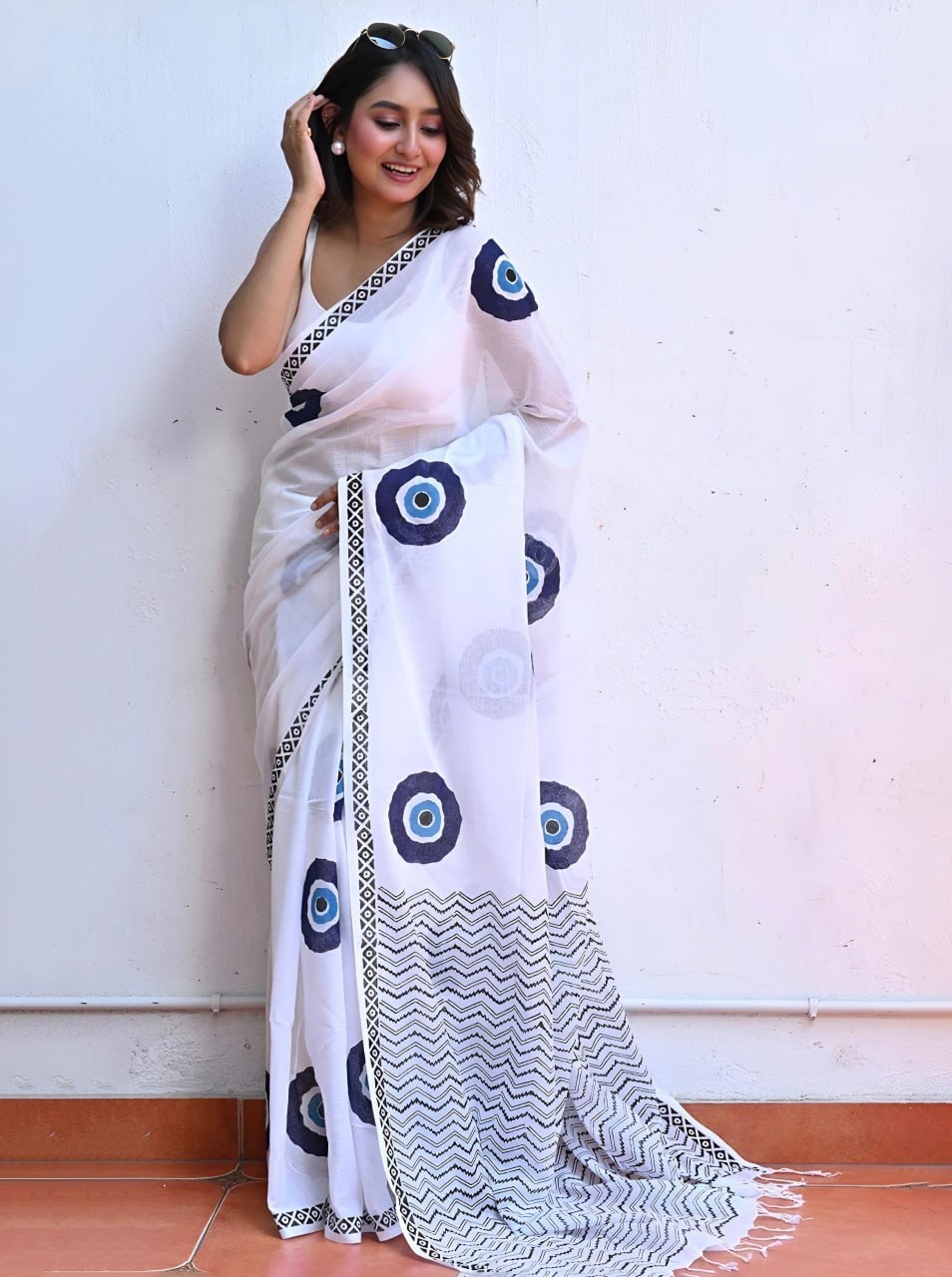 White Printed Linen Cotton Saree