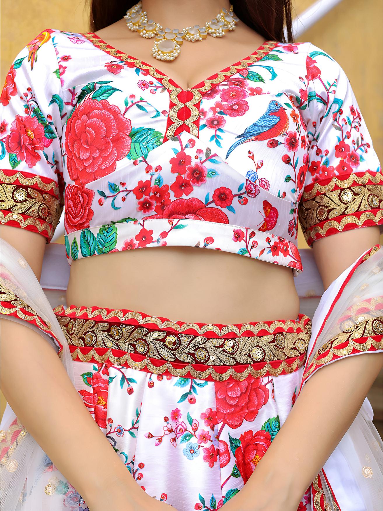 White-Red Art Silk Lehenga Choli