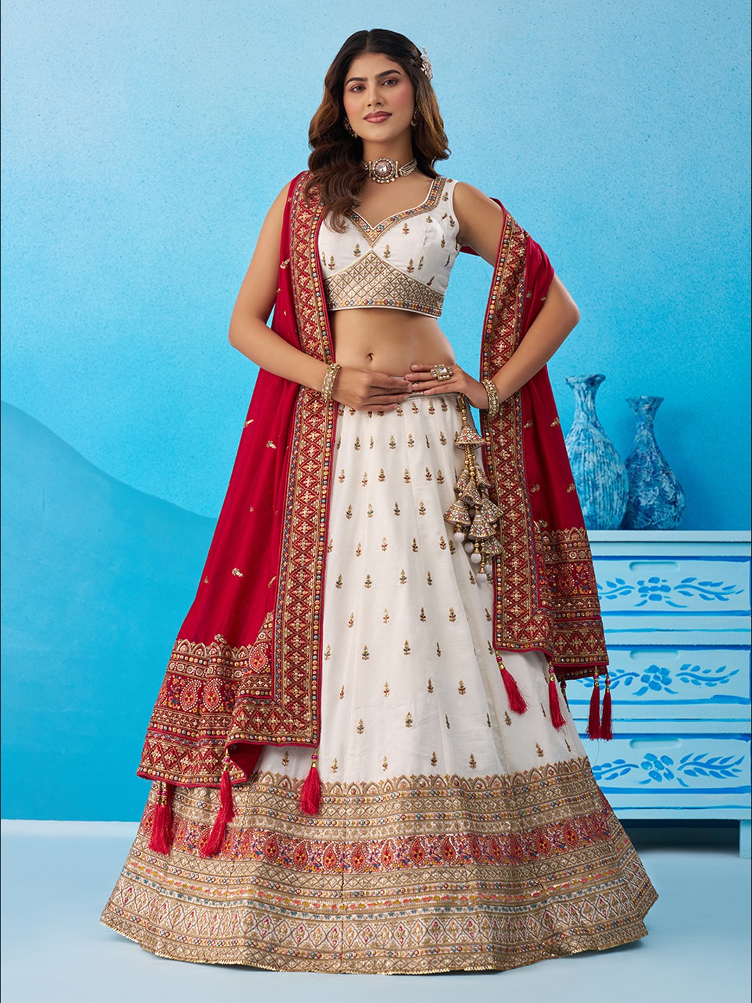 White Red Chinon Sequins Embroidered Festive Lehenga Choli