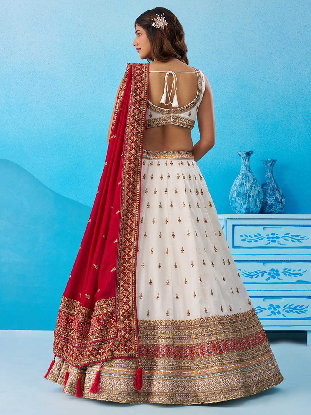 White Red Chinon Sequins Embroidered Festive Lehenga Choli — alternate view